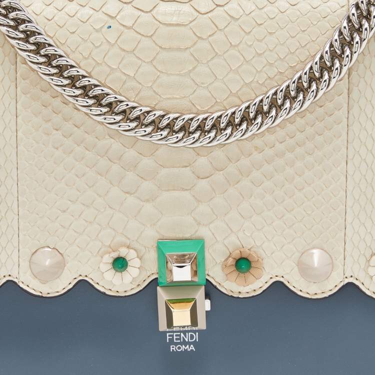 Pre Owned Fendi Blue/Beige Scalloped Leather Medium Kan I Shoulder Bag