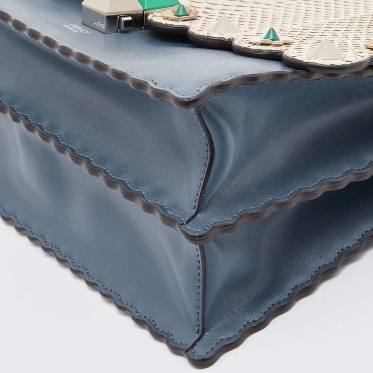 Pre Owned Fendi Blue/Beige Scalloped Leather Medium Kan I Shoulder Bag