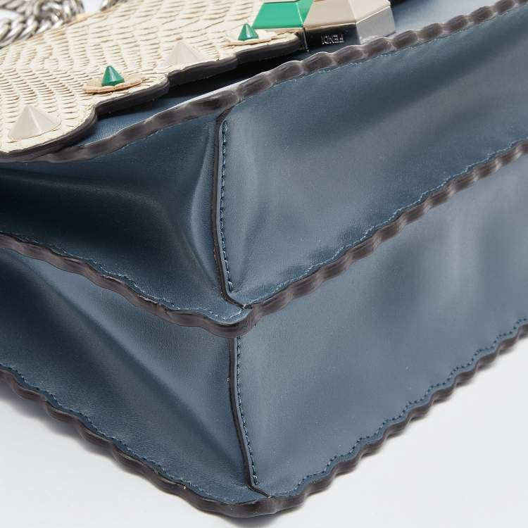 Pre Owned Fendi Blue/Beige Scalloped Leather Medium Kan I Shoulder Bag