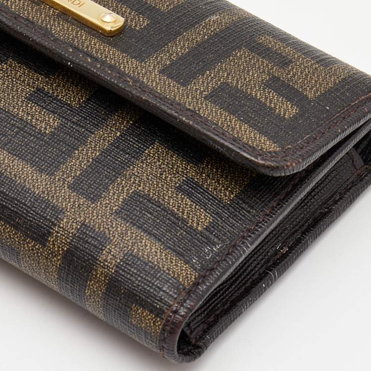 Pre Owned Fendi Dark Brown Zucca Coated Canvas Logo Trifold Wallet