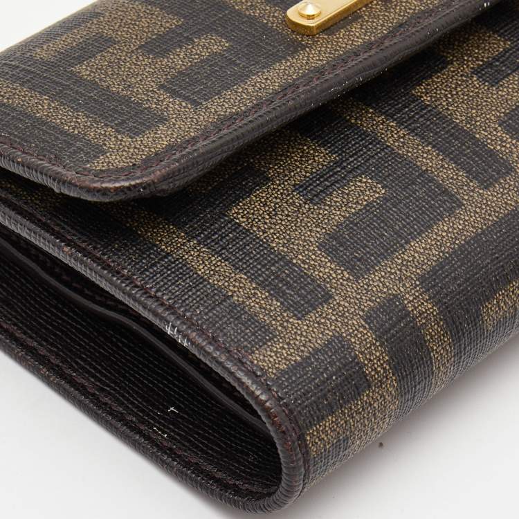 Pre Owned Fendi Dark Brown Zucca Coated Canvas Logo Trifold Wallet