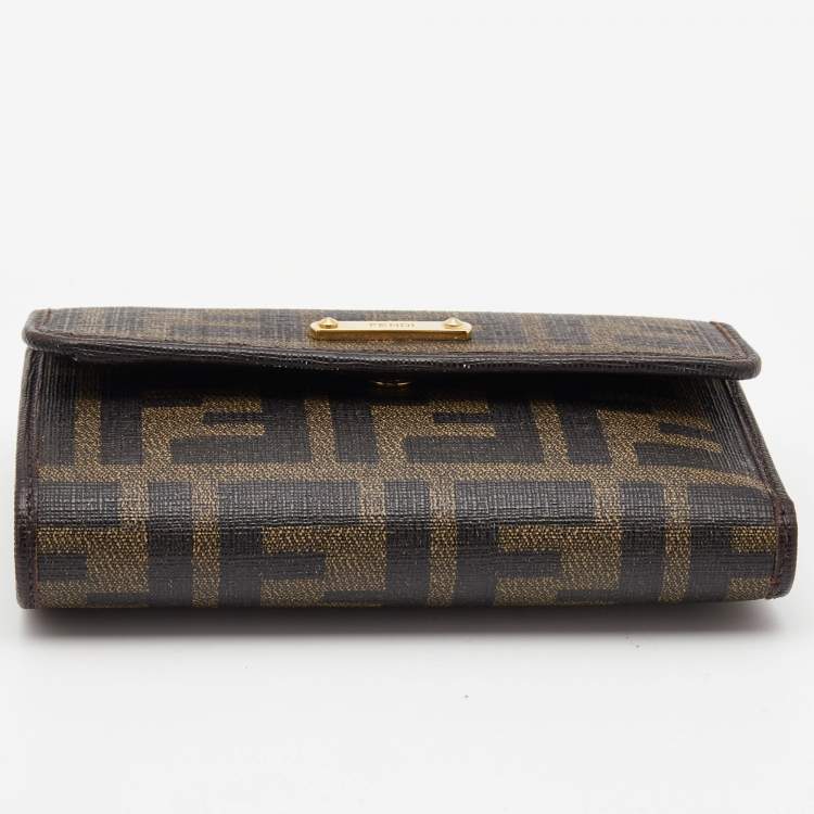 Pre Owned Fendi Dark Brown Zucca Coated Canvas Logo Trifold Wallet