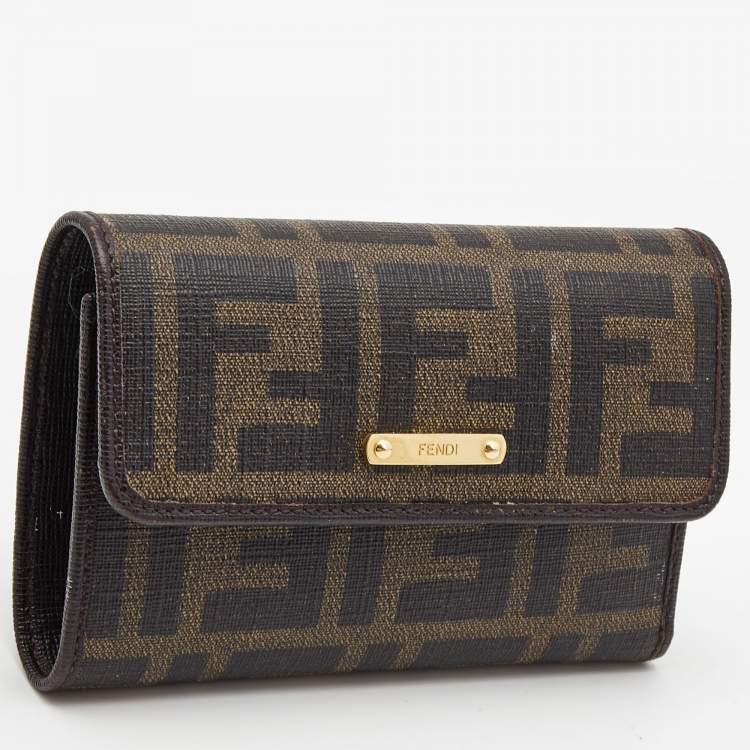 Pre Owned Fendi Dark Brown Zucca Coated Canvas Logo Trifold Wallet