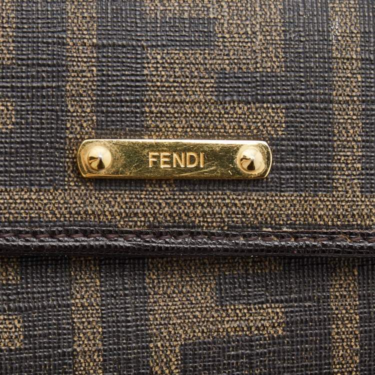 Pre Owned Fendi Dark Brown Zucca Coated Canvas Logo Trifold Wallet