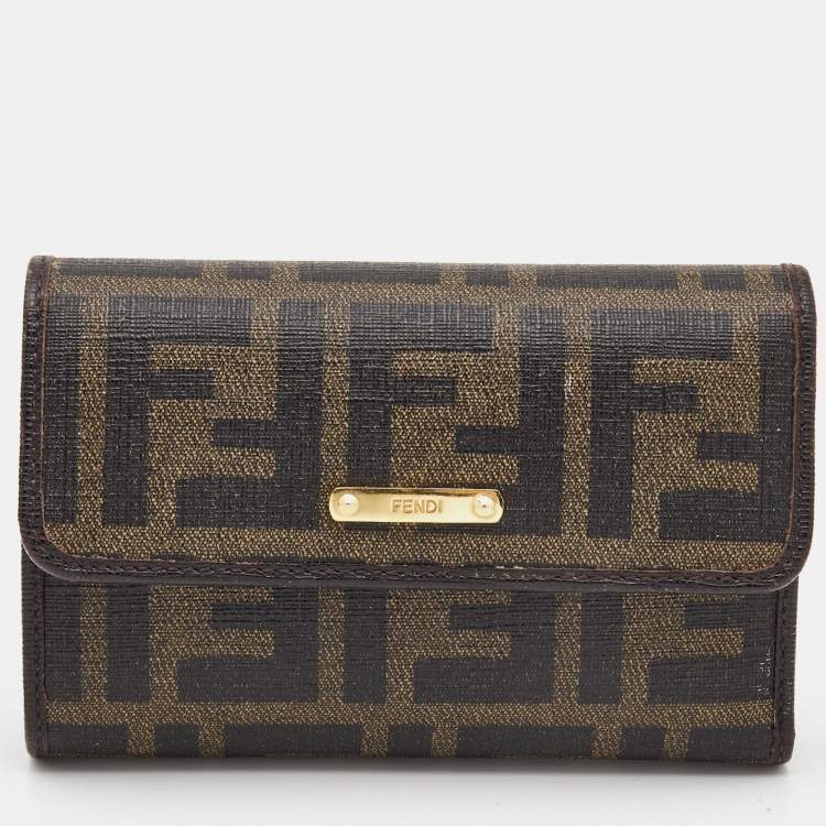 Pre Owned Fendi Dark Brown Zucca Coated Canvas Logo Trifold Wallet