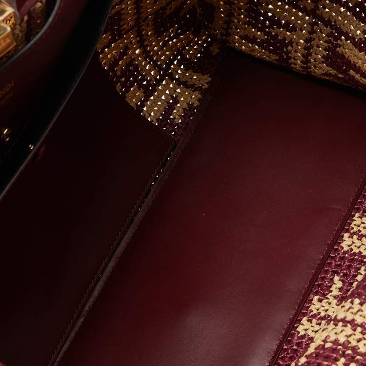 Pre Owned Fendi Burgundy/Cream FF Raffia and Leather Peekaboo X Tote