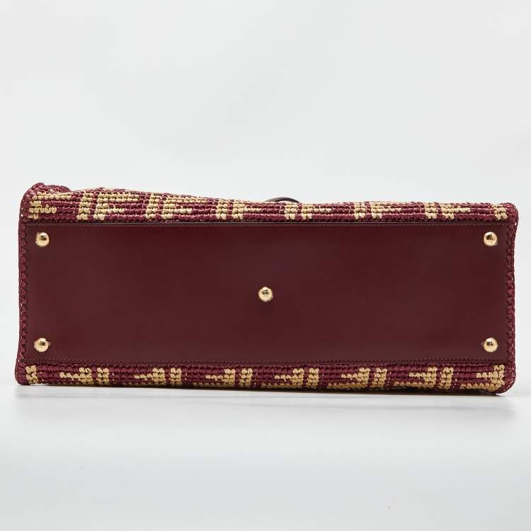 Pre Owned Fendi Burgundy/Cream FF Raffia and Leather Peekaboo X Tote
