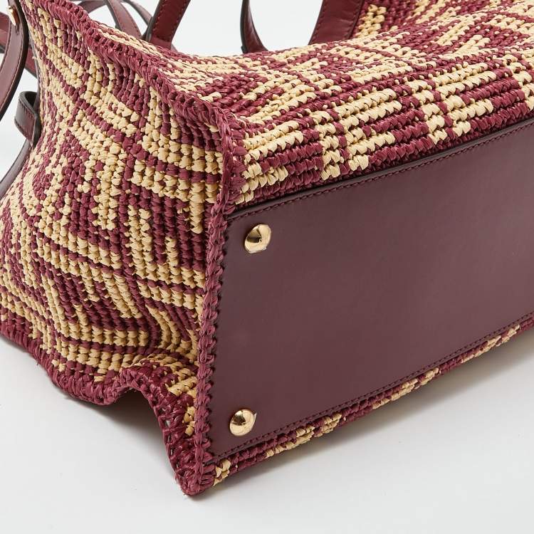 Pre Owned Fendi Burgundy/Cream FF Raffia and Leather Peekaboo X Tote