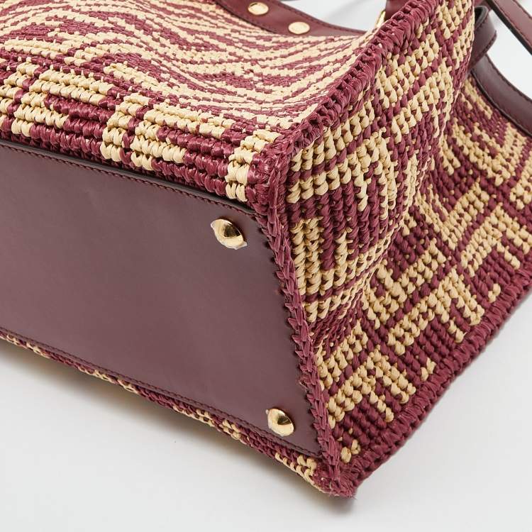 Pre Owned Fendi Burgundy/Cream FF Raffia and Leather Peekaboo X Tote