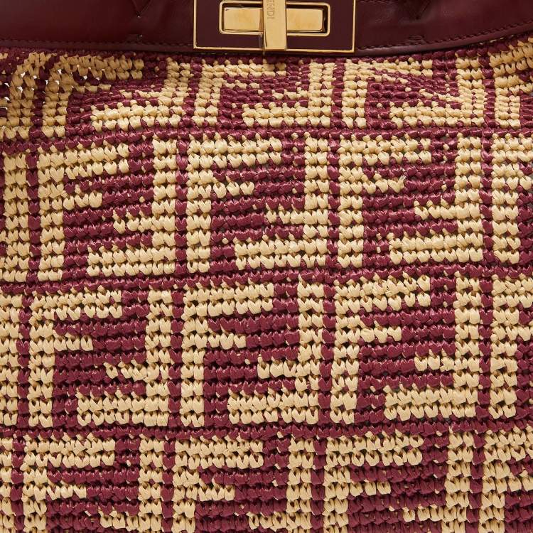 Pre Owned Fendi Burgundy/Cream FF Raffia and Leather Peekaboo X Tote