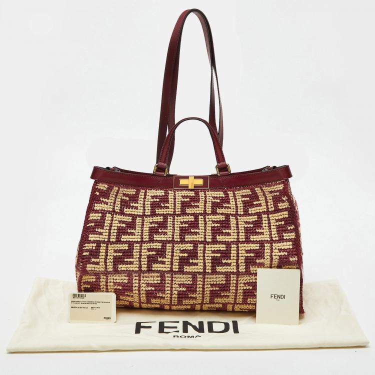 Pre Owned Fendi Burgundy/Cream FF Raffia and Leather Peekaboo X Tote