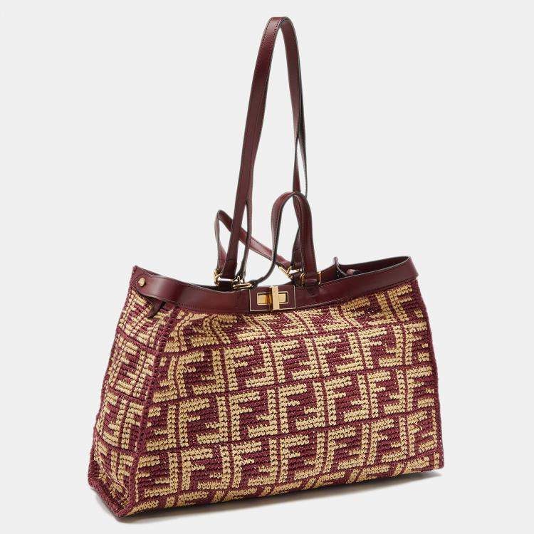 Pre Owned Fendi Burgundy/Cream FF Raffia and Leather Peekaboo X Tote