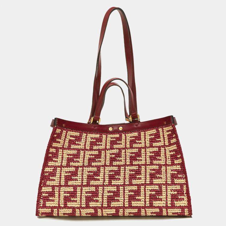 Pre Owned Fendi Burgundy/Cream FF Raffia and Leather Peekaboo X Tote