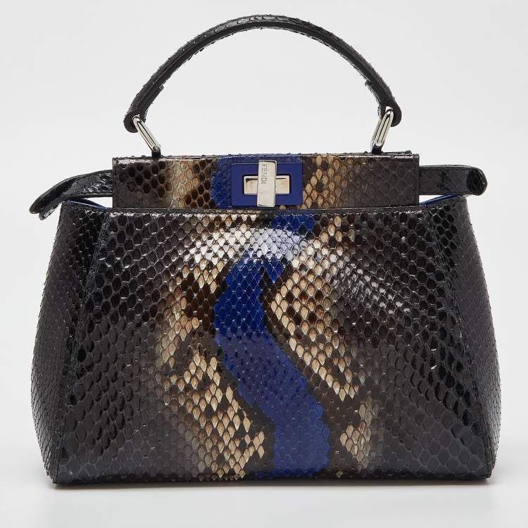 Pre Owned Fendi Black/Blue Python Mini Peekaboo Top Handle Bag