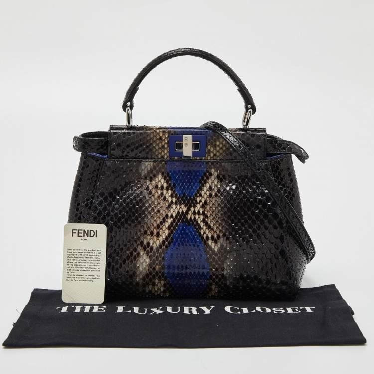 Pre Owned Fendi Black/Blue Python Mini Peekaboo Top Handle Bag