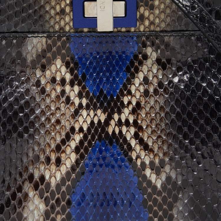Pre Owned Fendi Black/Blue Python Mini Peekaboo Top Handle Bag