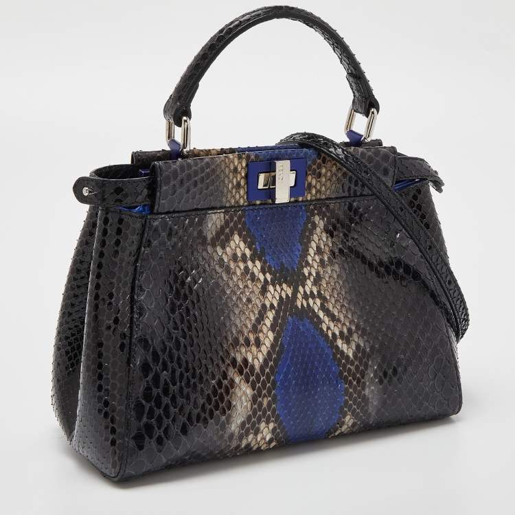 Pre Owned Fendi Black/Blue Python Mini Peekaboo Top Handle Bag