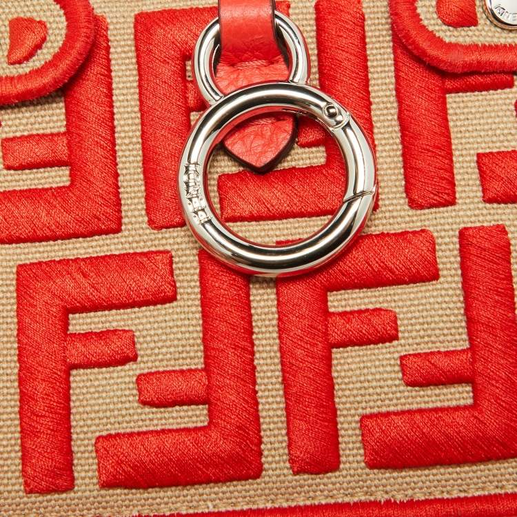 Pre Owned Fendi Red/Beige FF Canvas and Leather Pico Peekaboo Charm Bag
