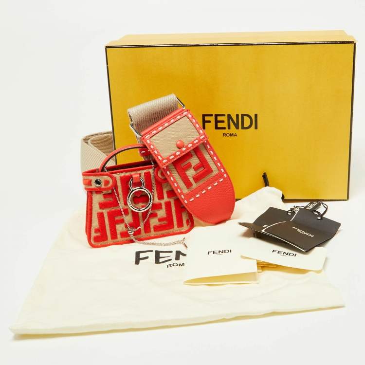 Pre Owned Fendi Red/Beige FF Canvas and Leather Pico Peekaboo Charm Bag