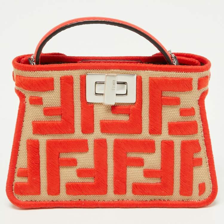 Pre Owned Fendi Red/Beige FF Canvas and Leather Pico Peekaboo Charm Bag