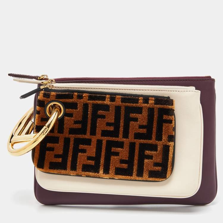Pre Owned Fendi Multicolor Zucca Velvet and Leather Triplette Pouch