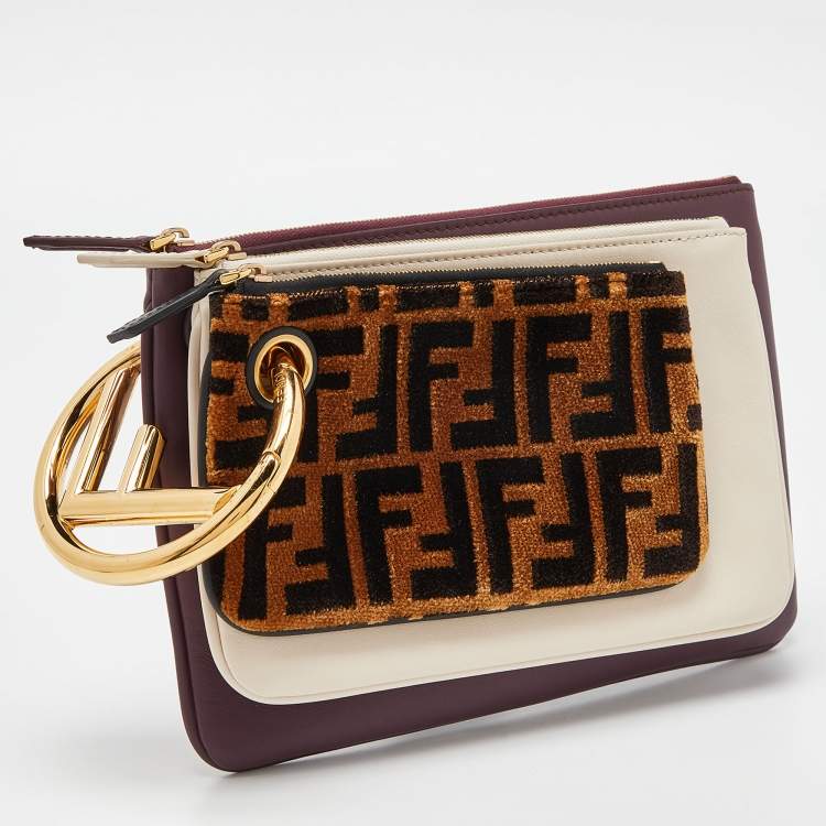 Pre Owned Fendi Multicolor Zucca Velvet and Leather Triplette Pouch