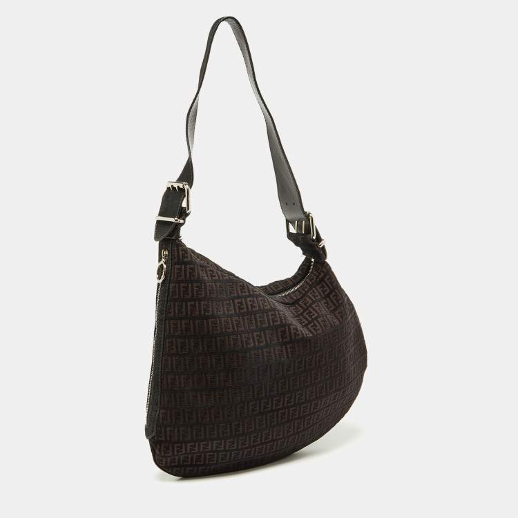 Pre Owned Fendi Brown/Black Zucchino Canvas and Leather Oyster Hobo