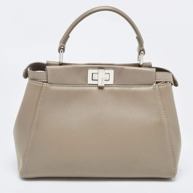Pre Owned Fendi Dark Beige Leather Mini Peekaboo Top Handle Bag