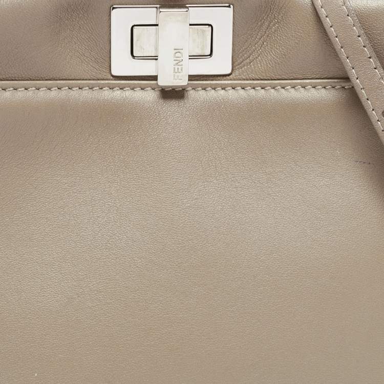 Pre Owned Fendi Dark Beige Leather Mini Peekaboo Top Handle Bag