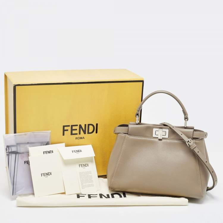 Pre Owned Fendi Dark Beige Leather Mini Peekaboo Top Handle Bag