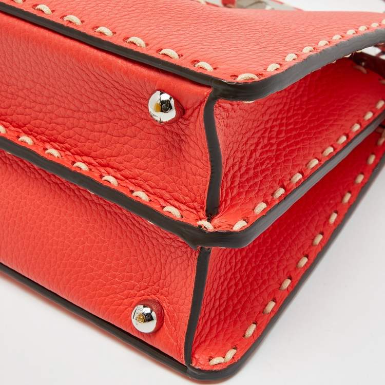 Pre Owned Fendi Red Selleria Leather Small Peekaboo ISeeU Top Handle Bag