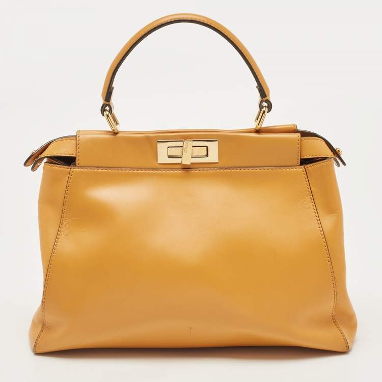 Pre Owned Fendi Mustard Leather Medium Peekaboo Top Handle Bag