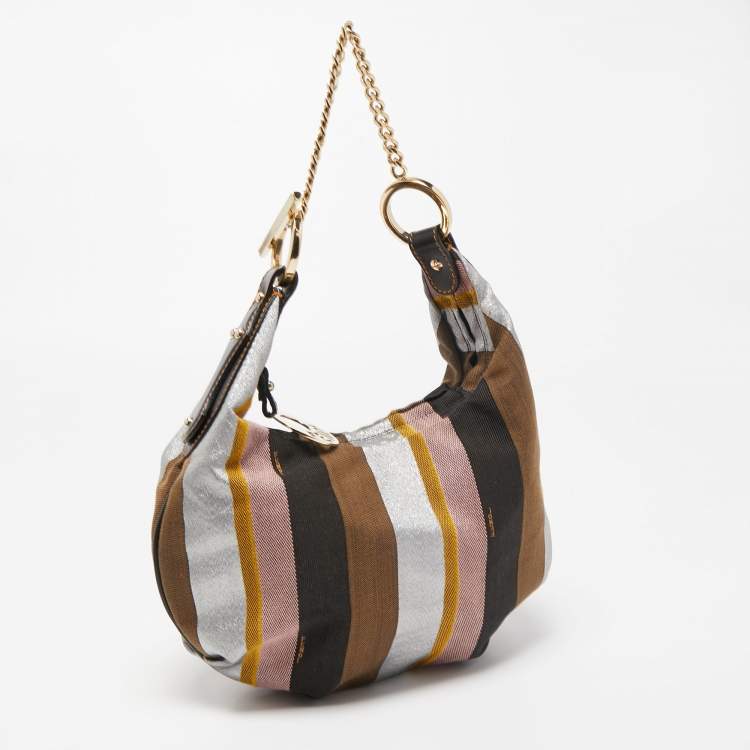 Pre Owned Fendi Multicolor Pequin Canvas and Leather Chef Chain Hobo