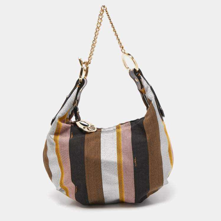 Pre Owned Fendi Multicolor Pequin Canvas and Leather Chef Chain Hobo