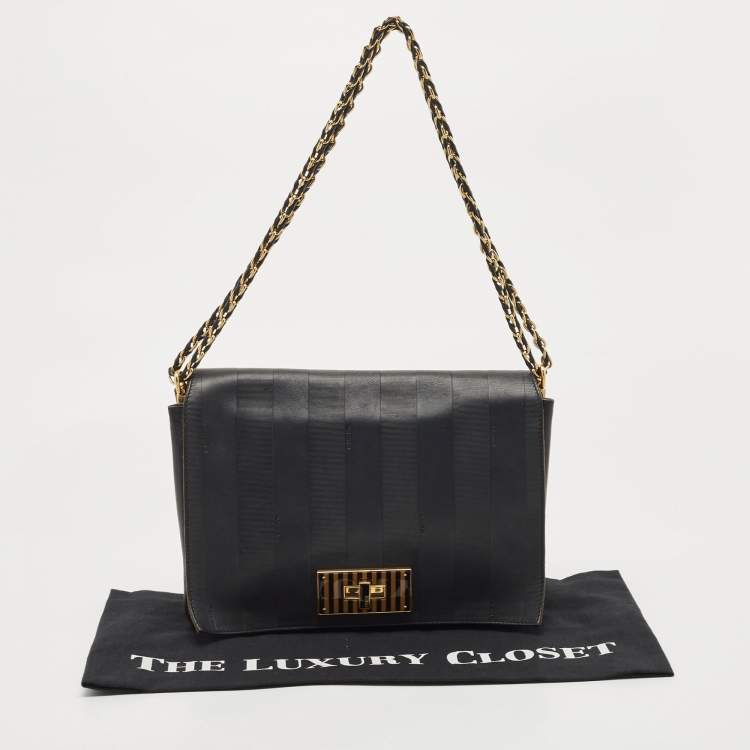Pre Owned Fendi Black Pequin Stripe Leather Large Claudia Shoulder Bag