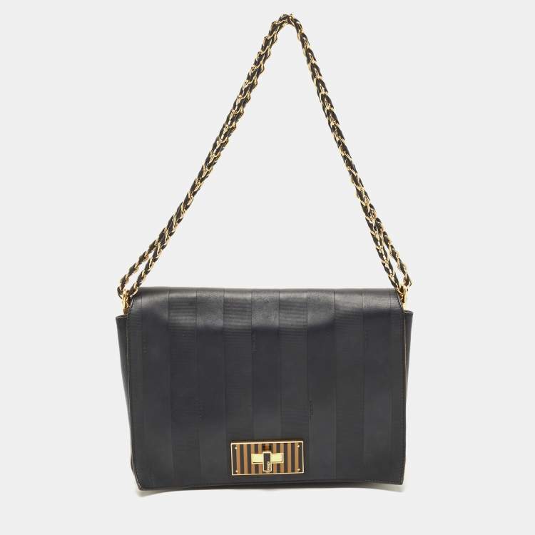 Pre Owned Fendi Black Pequin Stripe Leather Large Claudia Shoulder Bag