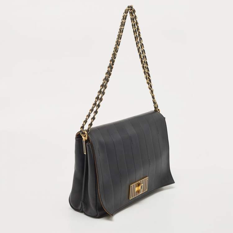 Pre Owned Fendi Black Pequin Stripe Leather Large Claudia Shoulder Bag