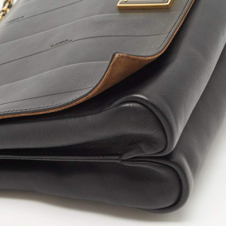 Pre Owned Fendi Black Pequin Stripe Leather Large Claudia Shoulder Bag