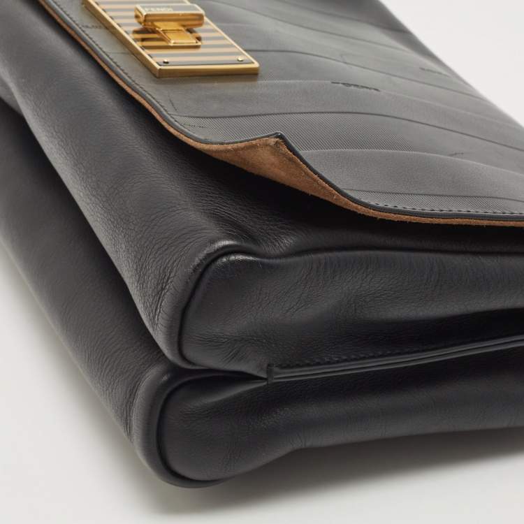 Pre Owned Fendi Black Pequin Stripe Leather Large Claudia Shoulder Bag