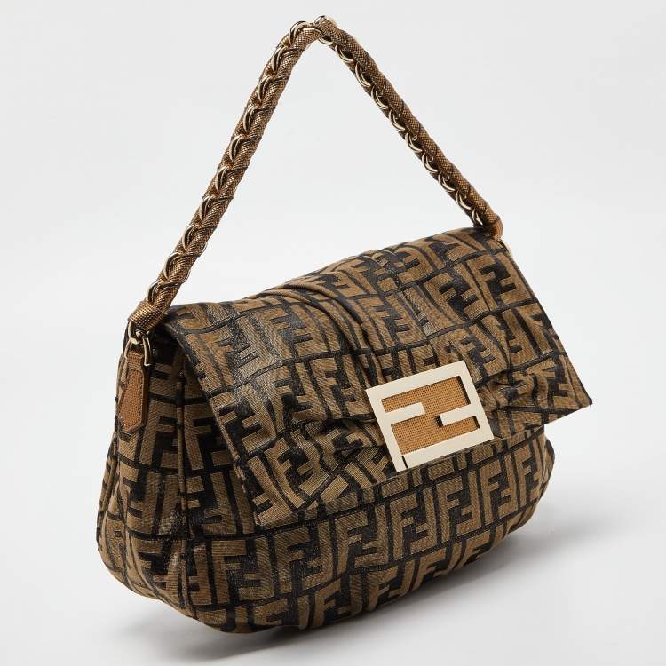Pre Owned Fendi Gold/Black Zucca Canvas and Leather Mia Flap Bag