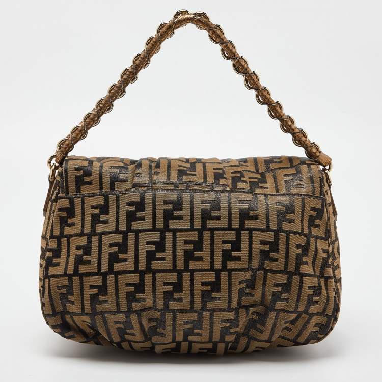 Pre Owned Fendi Gold/Black Zucca Canvas and Leather Mia Flap Bag
