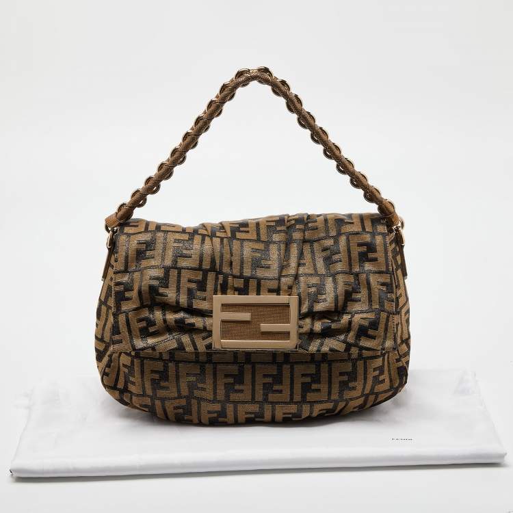 Pre Owned Fendi Gold/Black Zucca Canvas and Leather Mia Flap Bag
