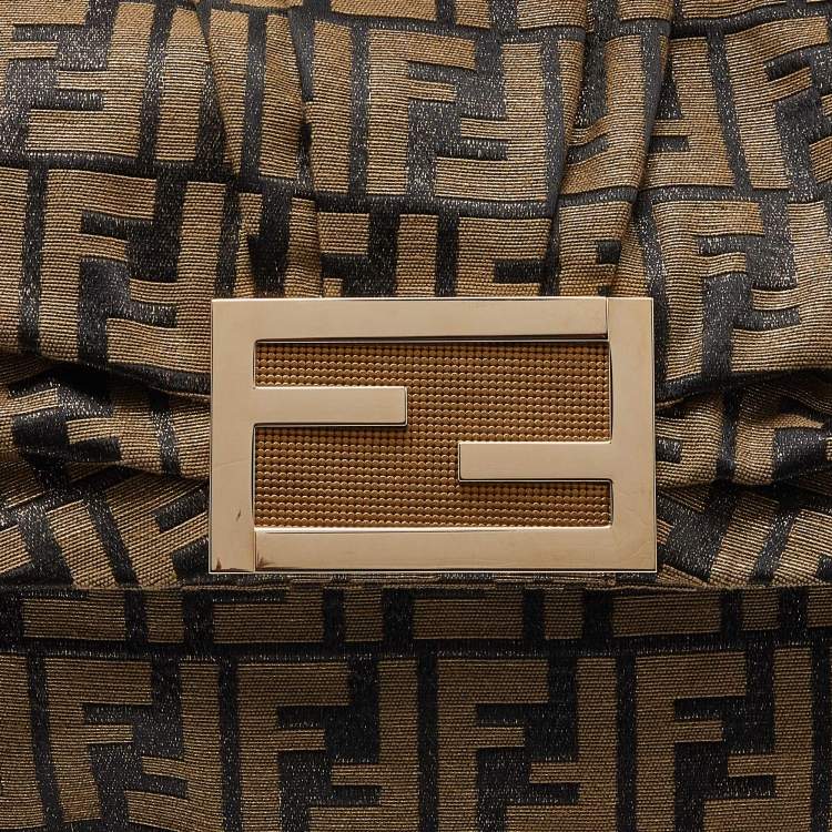 Pre Owned Fendi Gold/Black Zucca Canvas and Leather Mia Flap Bag