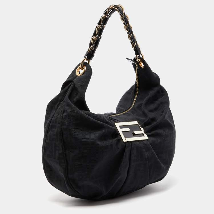 Pre Owned Fendi Black Zucca Canvas and Patent Leather Mia Hobo
