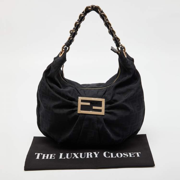 Pre Owned Fendi Black Zucca Canvas and Patent Leather Mia Hobo