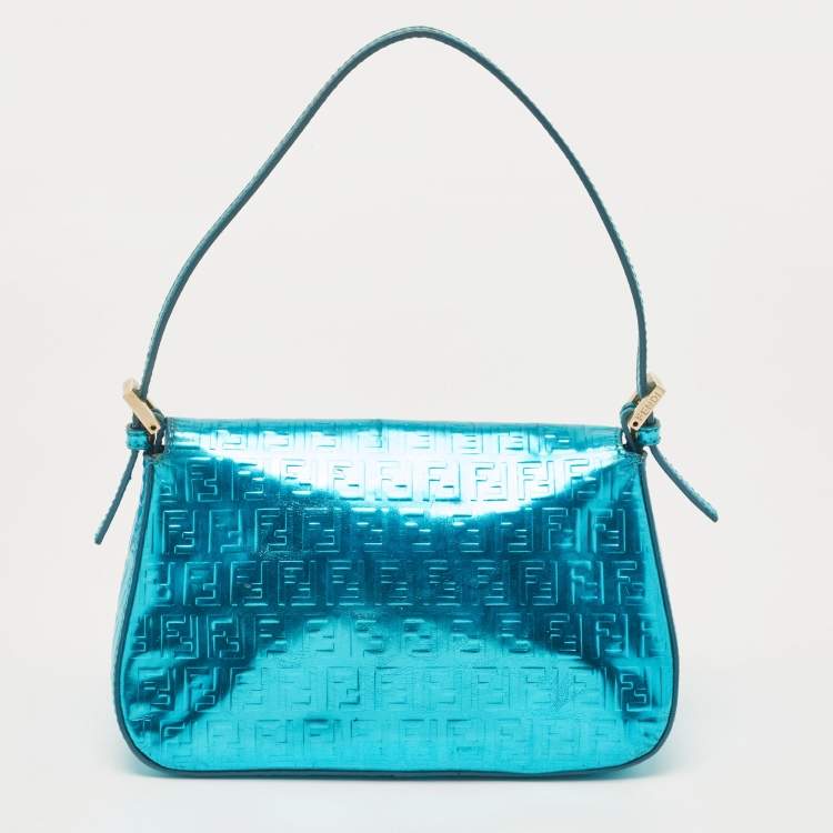Pre Owned Fendi Blue Metallic Zucchino Laminated Leather Baguette Bag