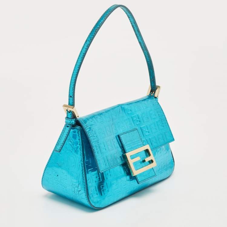 Pre Owned Fendi Blue Metallic Zucchino Laminated Leather Baguette Bag