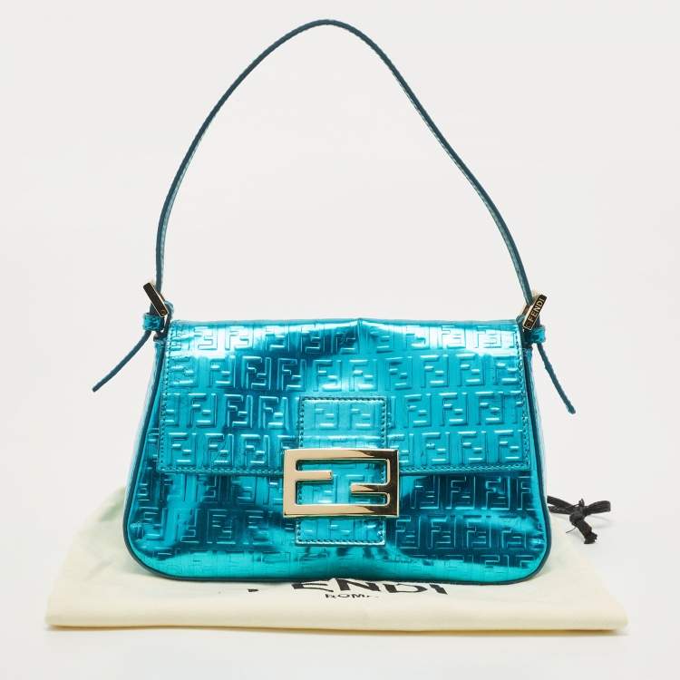 Pre Owned Fendi Blue Metallic Zucchino Laminated Leather Baguette Bag