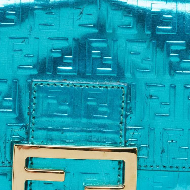 Pre Owned Fendi Blue Metallic Zucchino Laminated Leather Baguette Bag