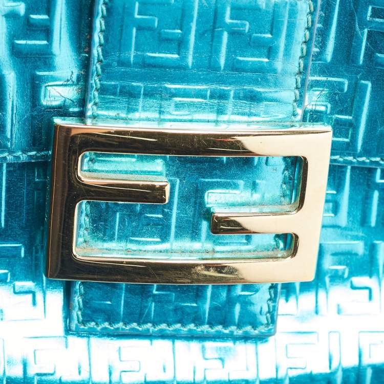 Pre Owned Fendi Blue Metallic Zucchino Laminated Leather Baguette Bag